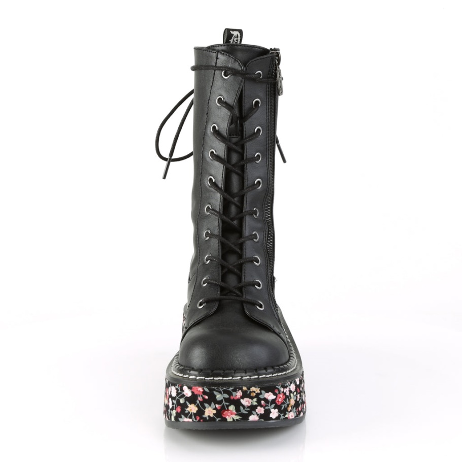 Emily-350 Cuero Vegano Negro-tejido Floral Demonia Botas