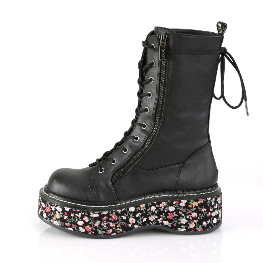 Emily-350 Cuero Vegano Negro-tejido Floral Demonia Botas