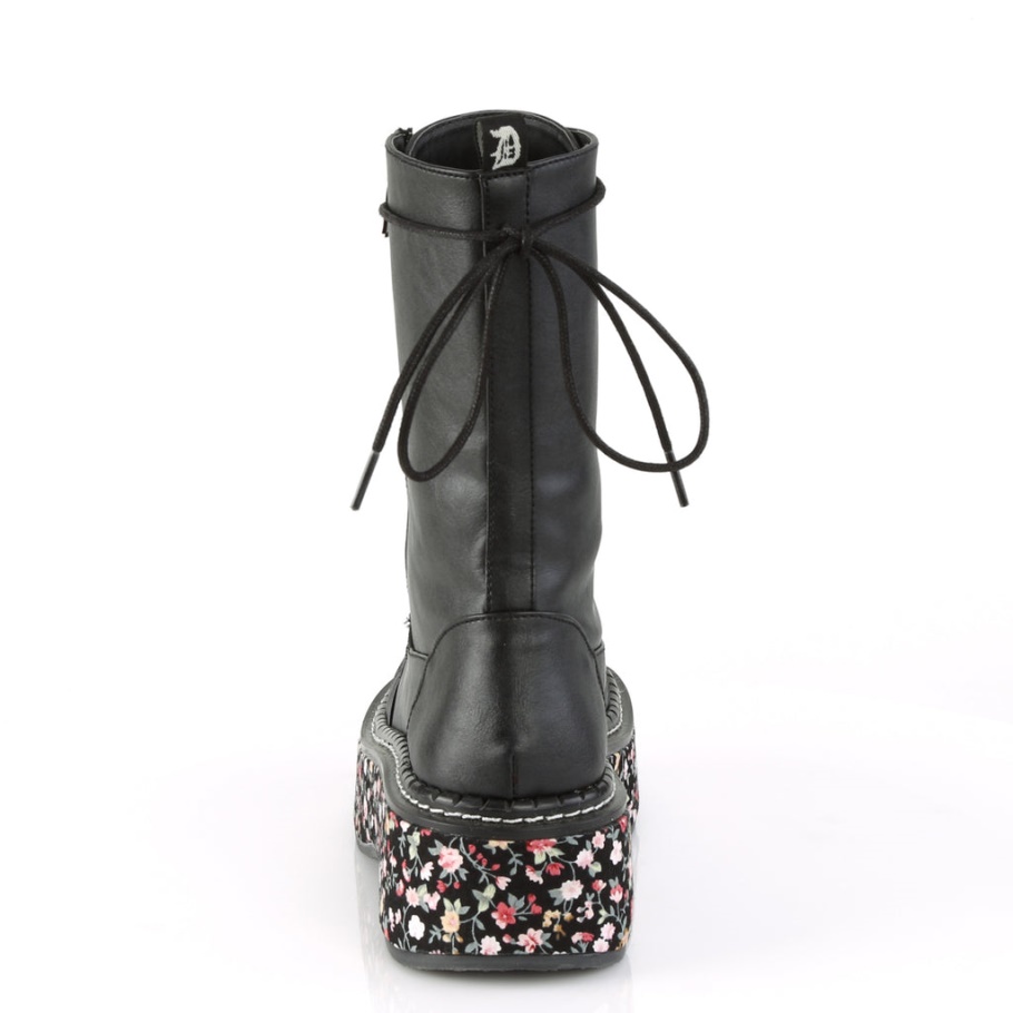 Emily-350 Cuero Vegano Negro-tejido Floral Demonia Botas
