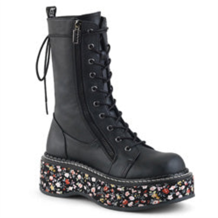 Emily-350 Cuero Vegano Negro-tejido Floral Demonia Botas