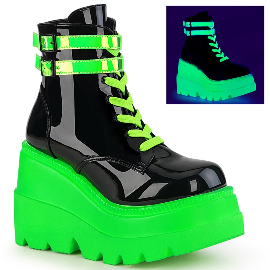 Shaker-52 Black Patent-U V Botas De Demonio Verde Neón