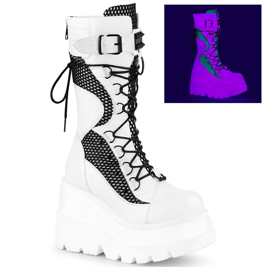 Shaker-70 Demonia Botas Cuero Vegano Blanco-rejilla Negra