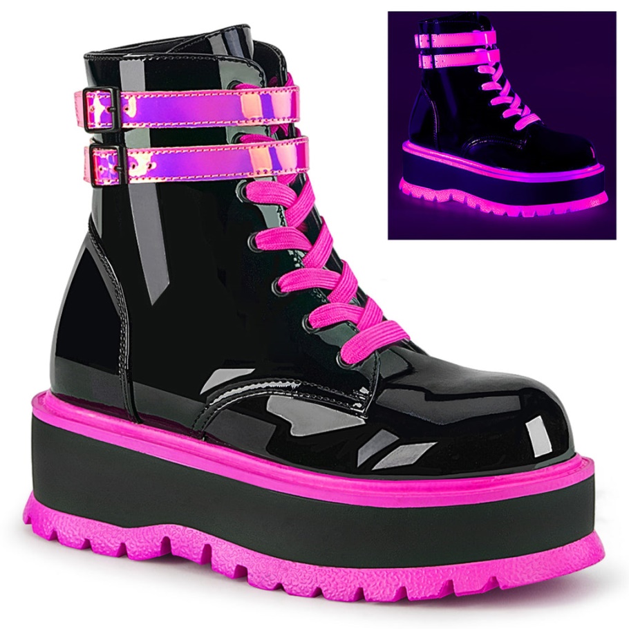 Slacker-52 Demonia Botas Negro U V Rosa Iridiscente