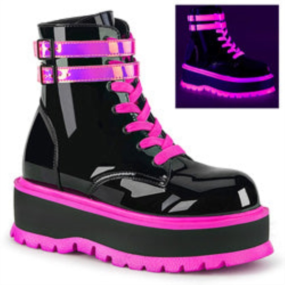 Slacker-52 Demonia Botas Negro U V Rosa Iridiscente